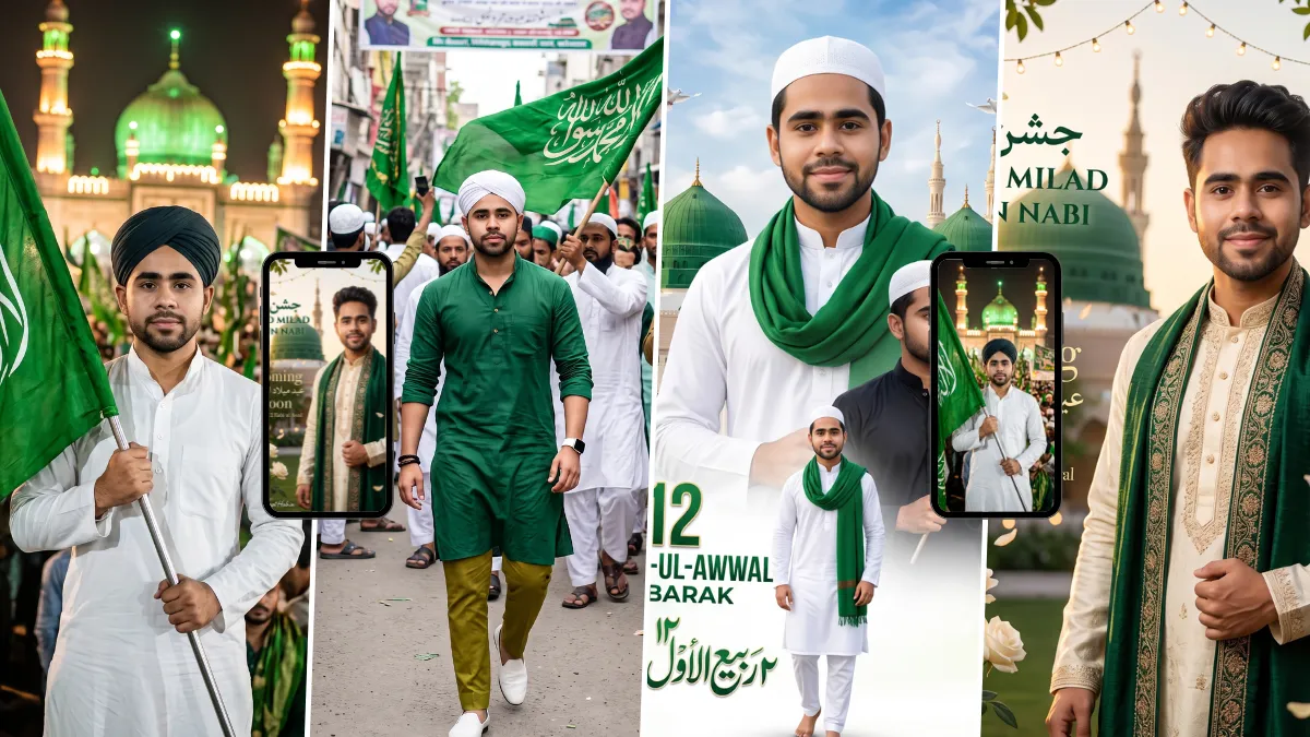 AI Milad-un-Nabi photo prompts featuring Islamic portraits, green flags and mosque backgrounds