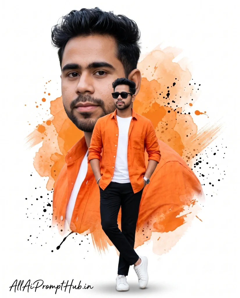 Orange watercolor splash AI portrait editing prompt with realistic male portrait.