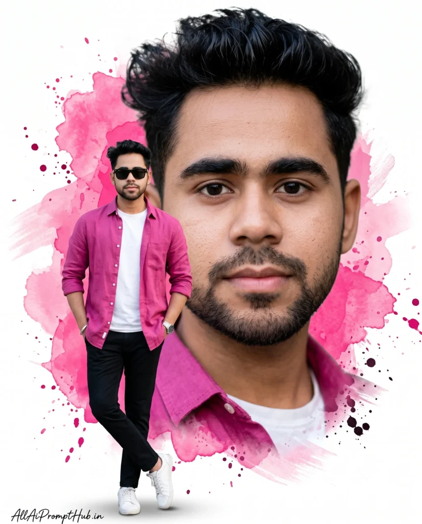 Pink watercolor splash AI portrait prompt featuring realistic double exposure portrait for men.