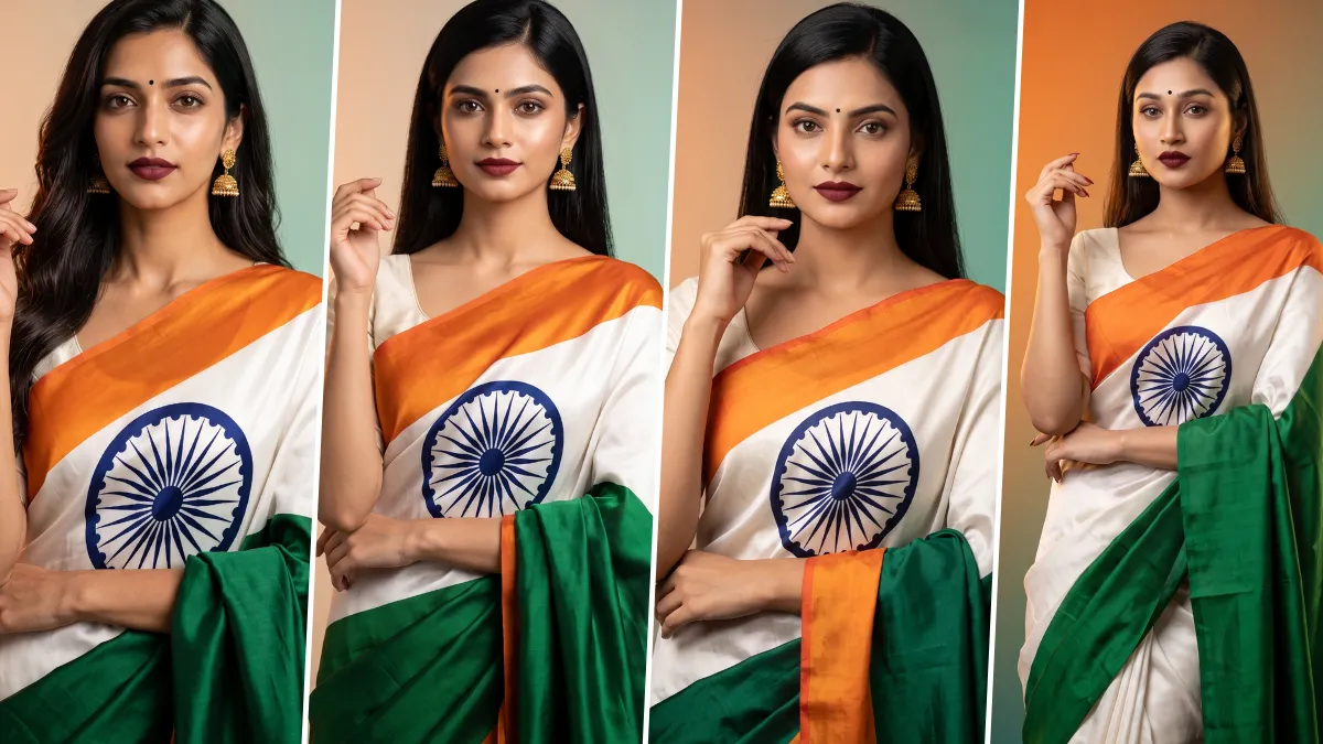 AI-generated Independence Day portrait of an Indian woman wearing a patriotic tricolor saree