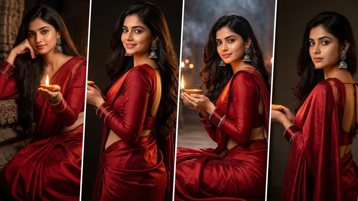 Ultra realistic AI-generated Indian woman wearing a red silk saree holding a Diwali diya with cinematic temple lighting created using an AI photo prompt.