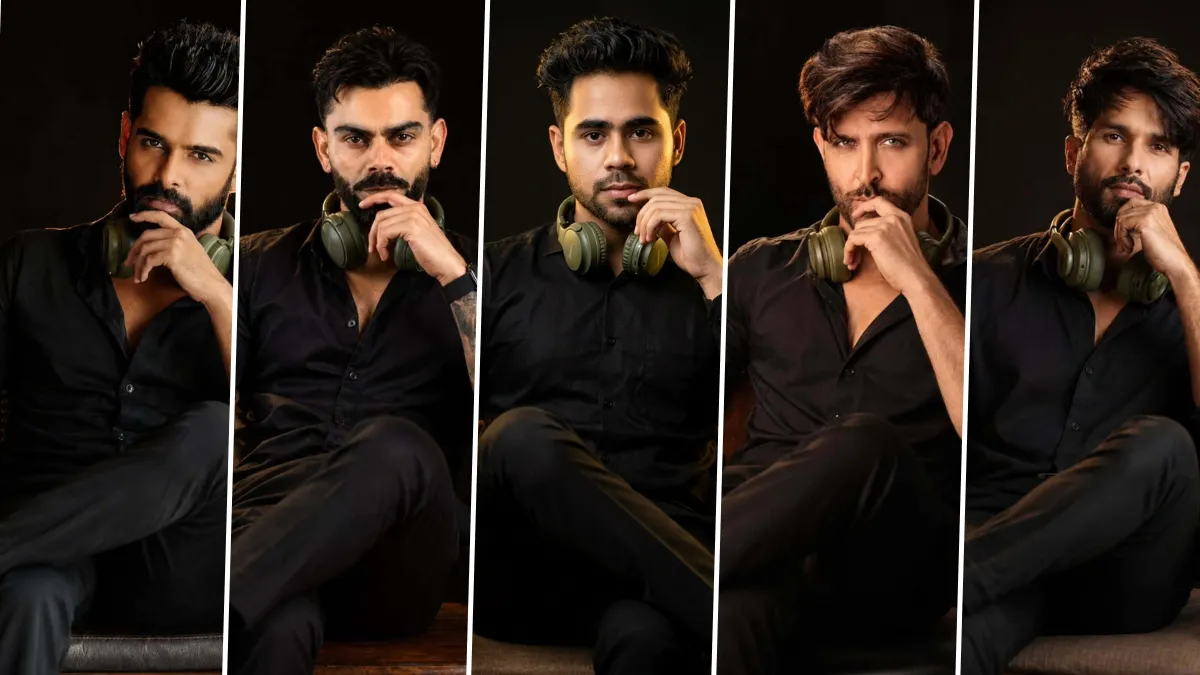 Ultra realistic cinematic male portrait AI prompts featuring professional studio photoshoot in black shirt with headphones for ChatGPT, Gemini and Flux AI.