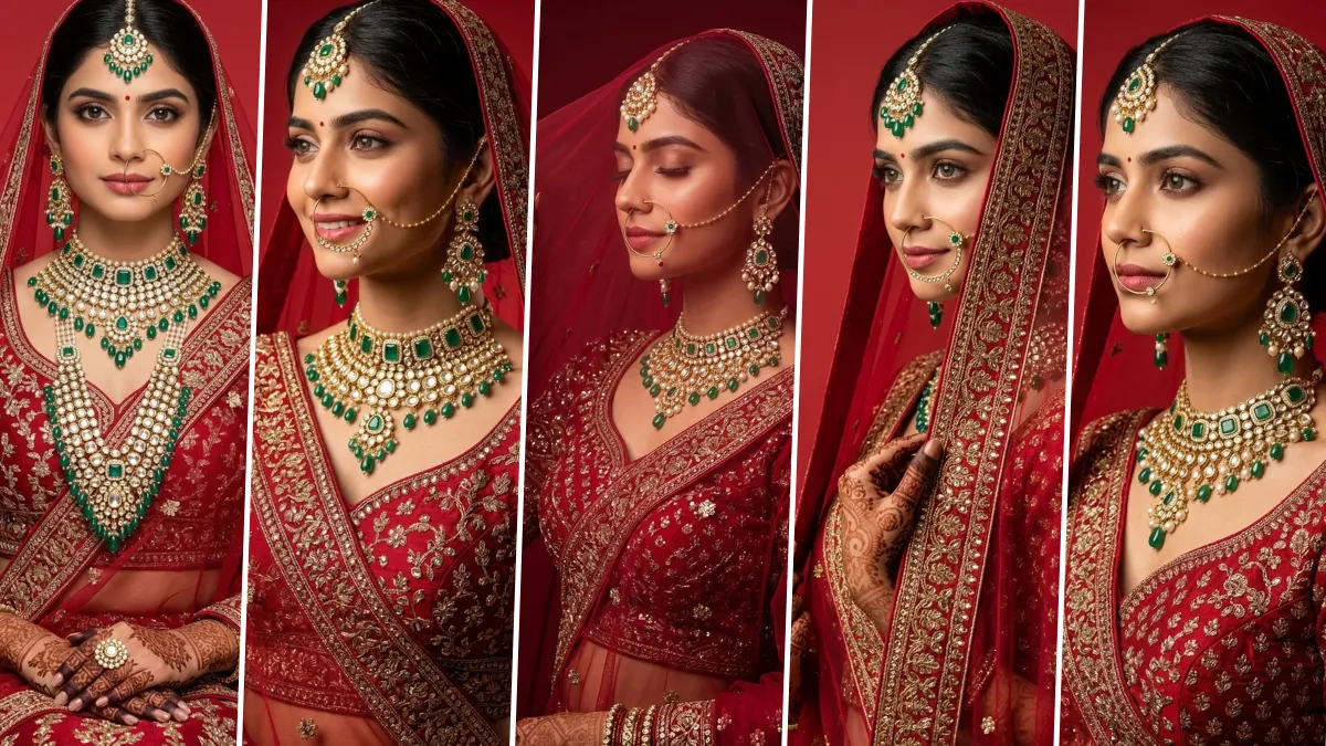 Ultra realistic AI-generated Indian bridal portrait wearing a luxurious red lehenga with traditional bridal jewelry and wedding makeup created using AI image prompts.