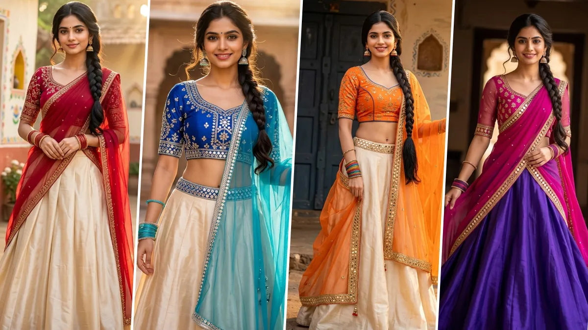 Ultra realistic Indian lehenga AI photo editing prompts featuring traditional ethnic fashion outfits for women, created with ChatGPT Image, FLUX AI, Gemini AI and Midjourney.