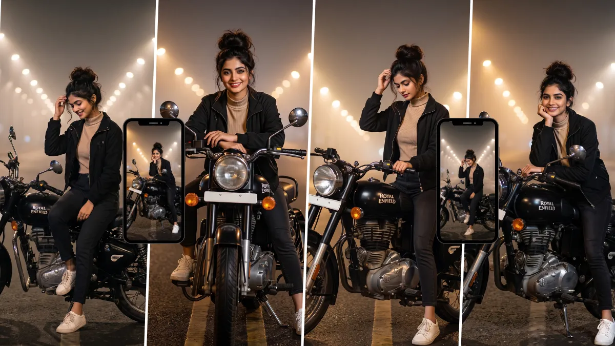 Woman posing with a Royal Enfield motorcycle at night created with a biker girl AI image prompt