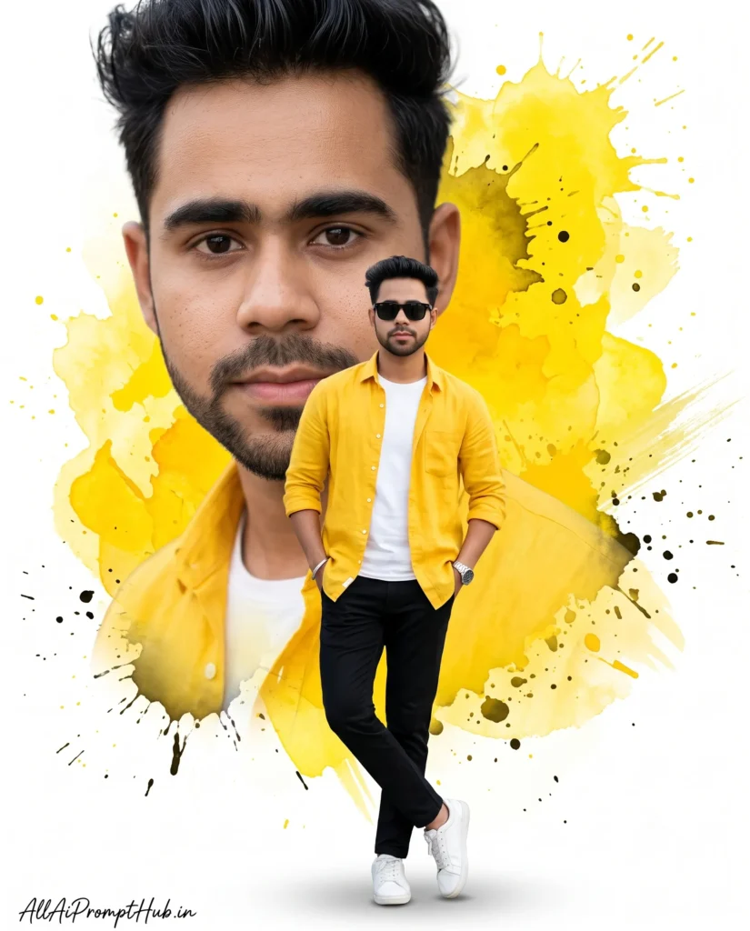Yellow watercolor splash ultra realistic AI portrait prompt for men.