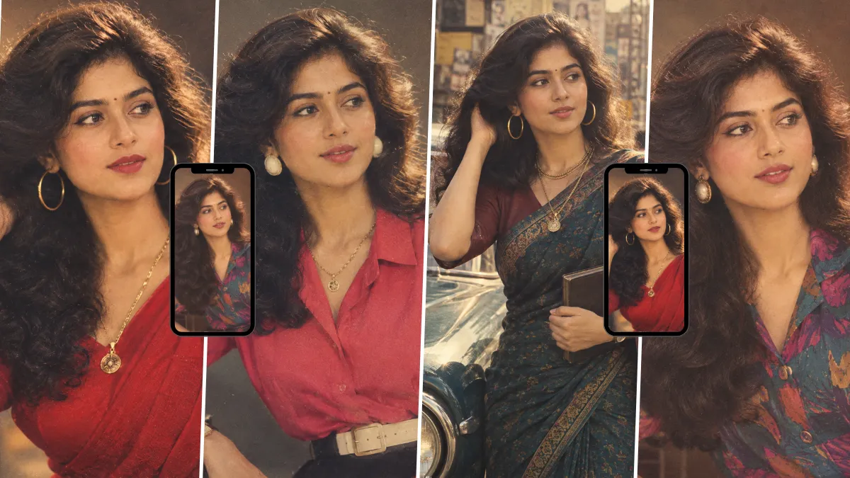 Indian woman with curly hair wearing a red vintage outfit and gold jewelry in a nostalgic retro portrait