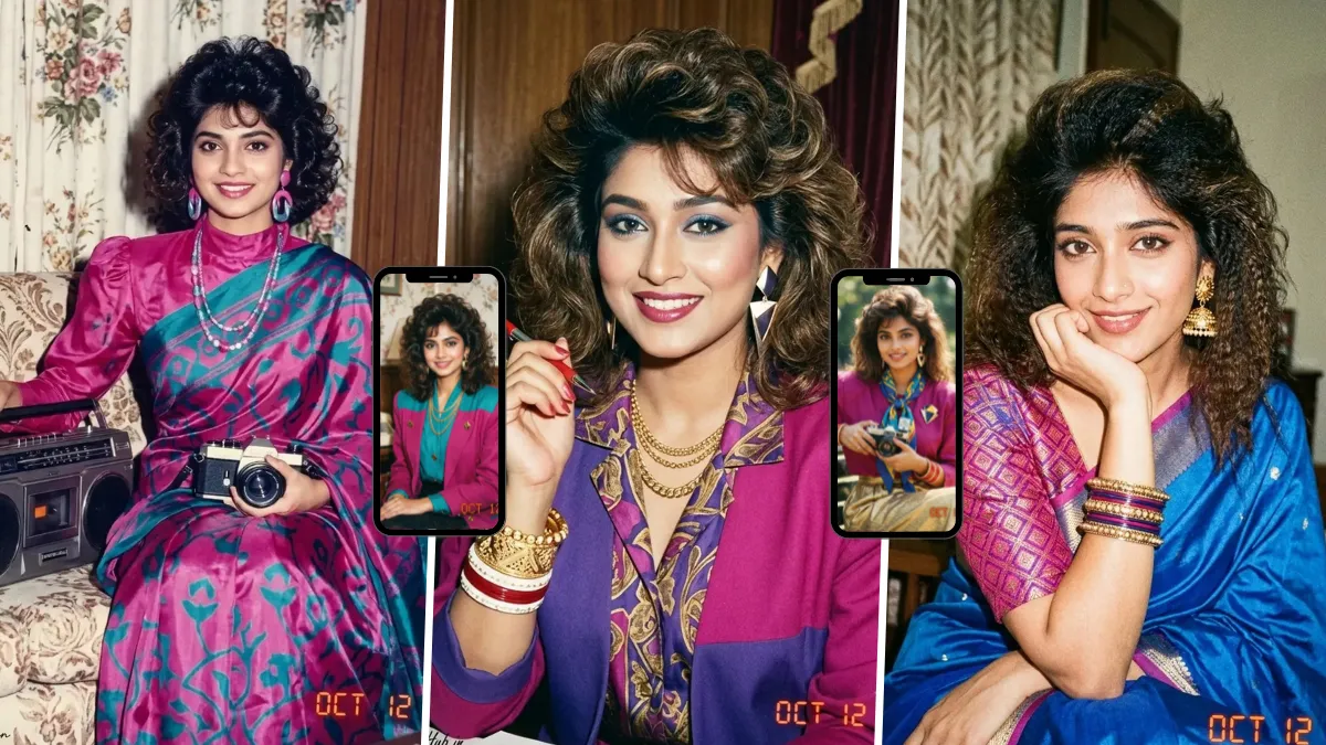 Indian woman in retro 1980s fashion and saree posing in a vintage analog-style portrait