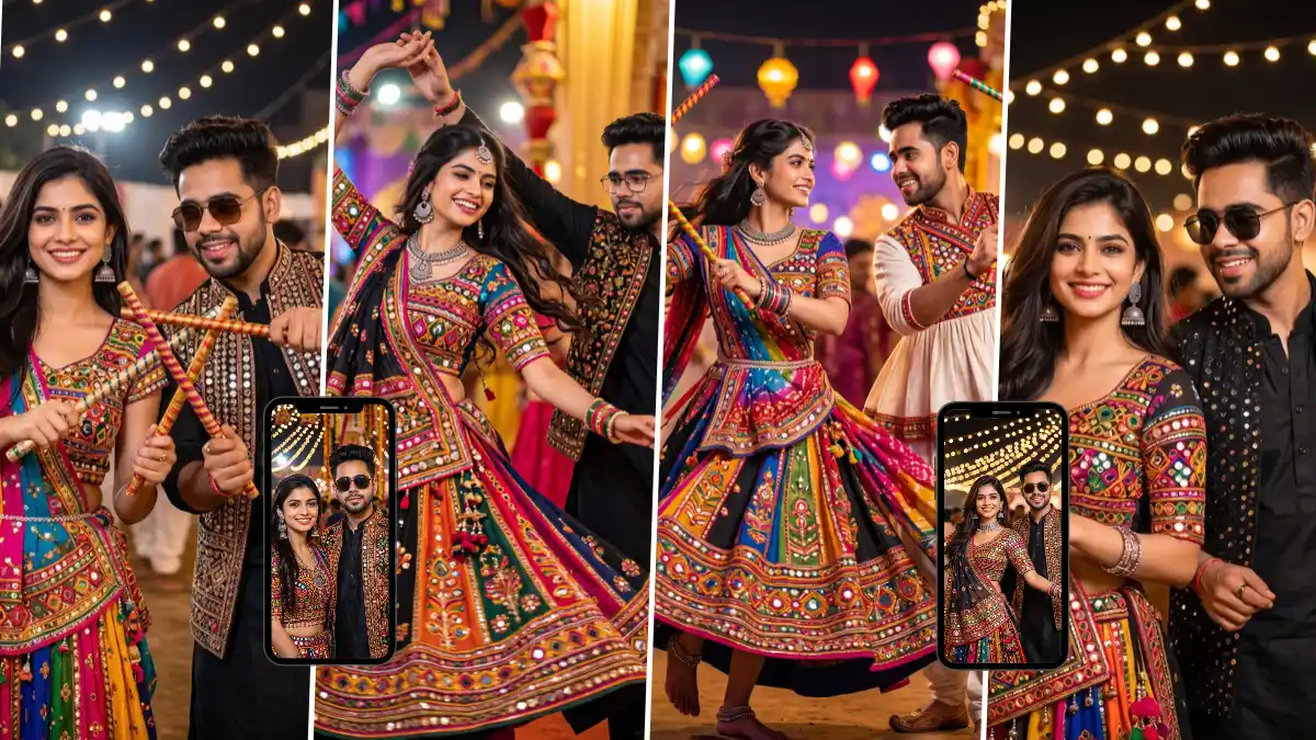 Couple dancing Garba with colorful Dandiya sticks in traditional Navratri outfits