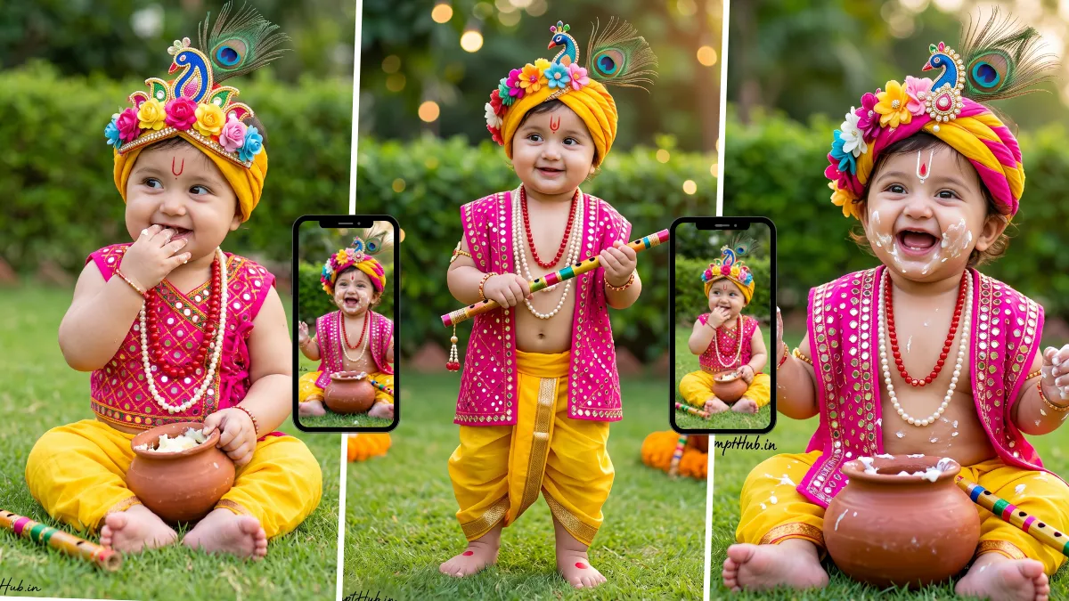 Cute Baby Krishna wearing a peacock feather crown and holding a butter matki in a festive garden setting