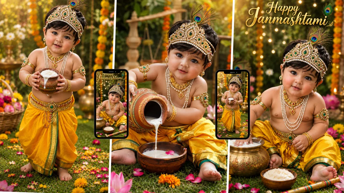 Cute Baby Krishna wearing a peacock feather crown and holding a butter pot, created with an AI image prompt