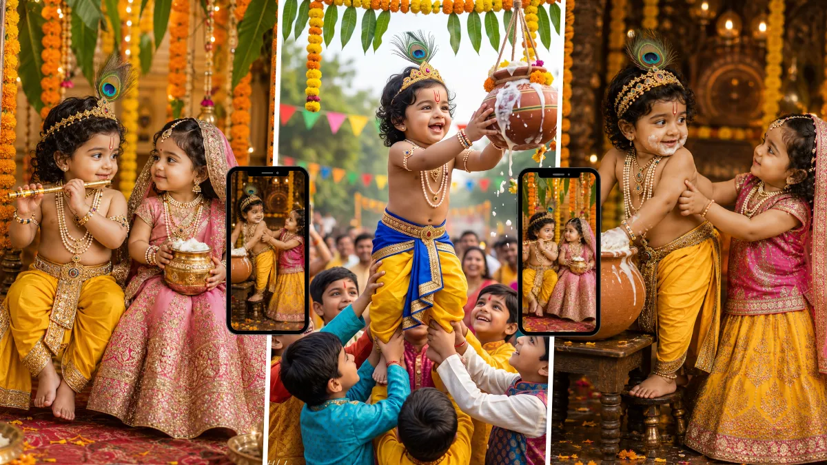 Cute Baby Krishna and Radha-inspired children celebrating Janmashtami with Dahi Handi, peacock feathers and traditional festive outfits