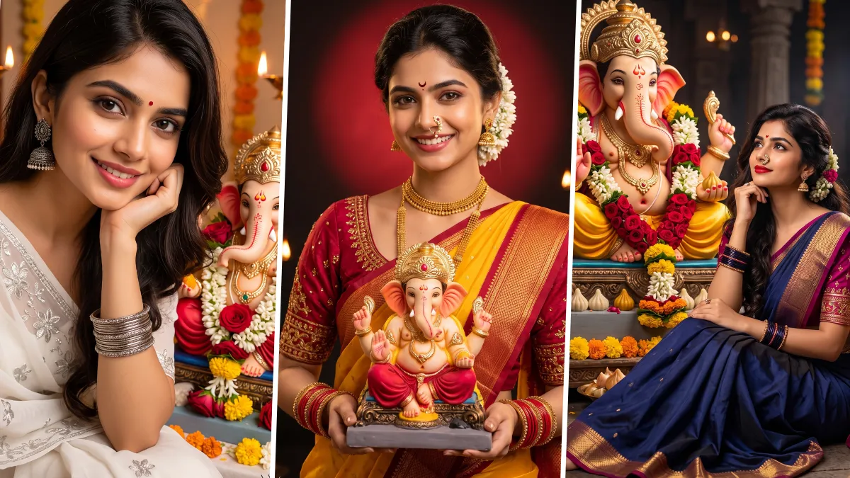 Woman in traditional saree posing with Lord Ganesha during Ganesh Chaturthi