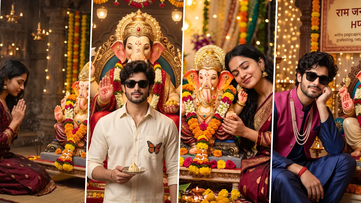 Men and women creating devotional Ganesh Chaturthi AI portraits with Lord Ganesha