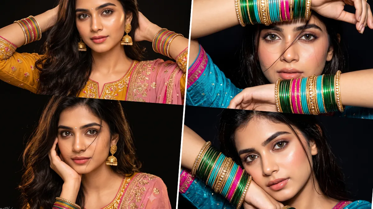 Indian girl in traditional ethnic clothing with colorful bangles and jhumka earrings
