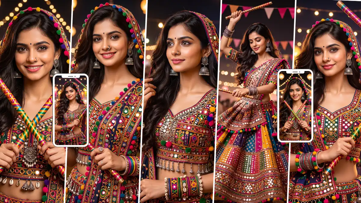 Indian woman in colorful traditional Garba outfit holding decorated Dandiya sticks at a festive Navratri celebration