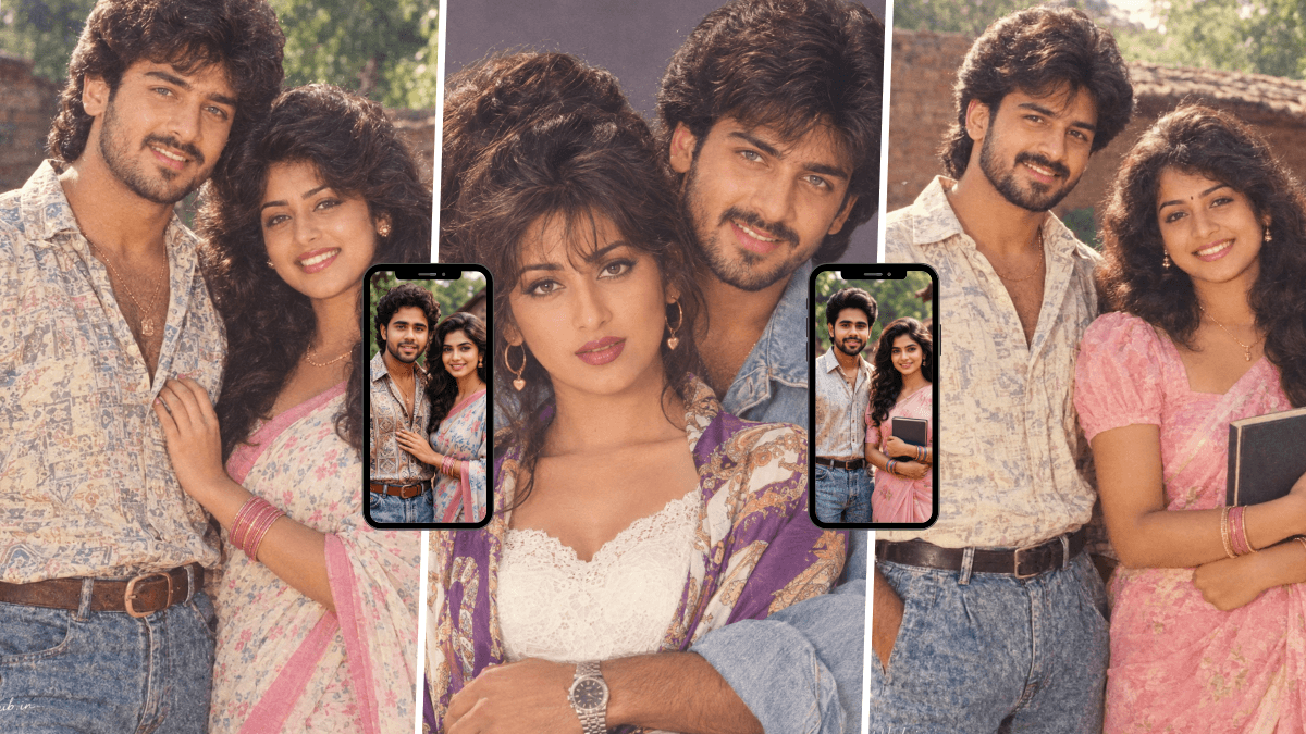 Young Indian couple in nostalgic 80s and 90s fashion posing for a vintage Bollywood-style portrait