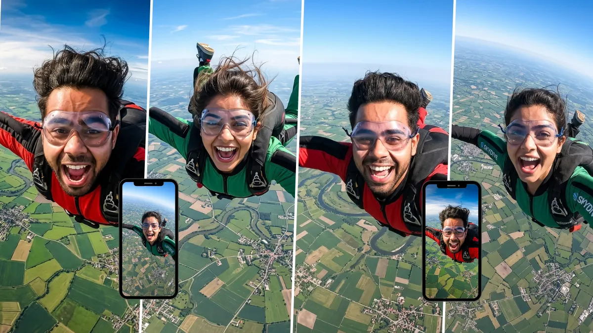 Man and woman skydiving in freefall above a landscape with realistic aerial photography