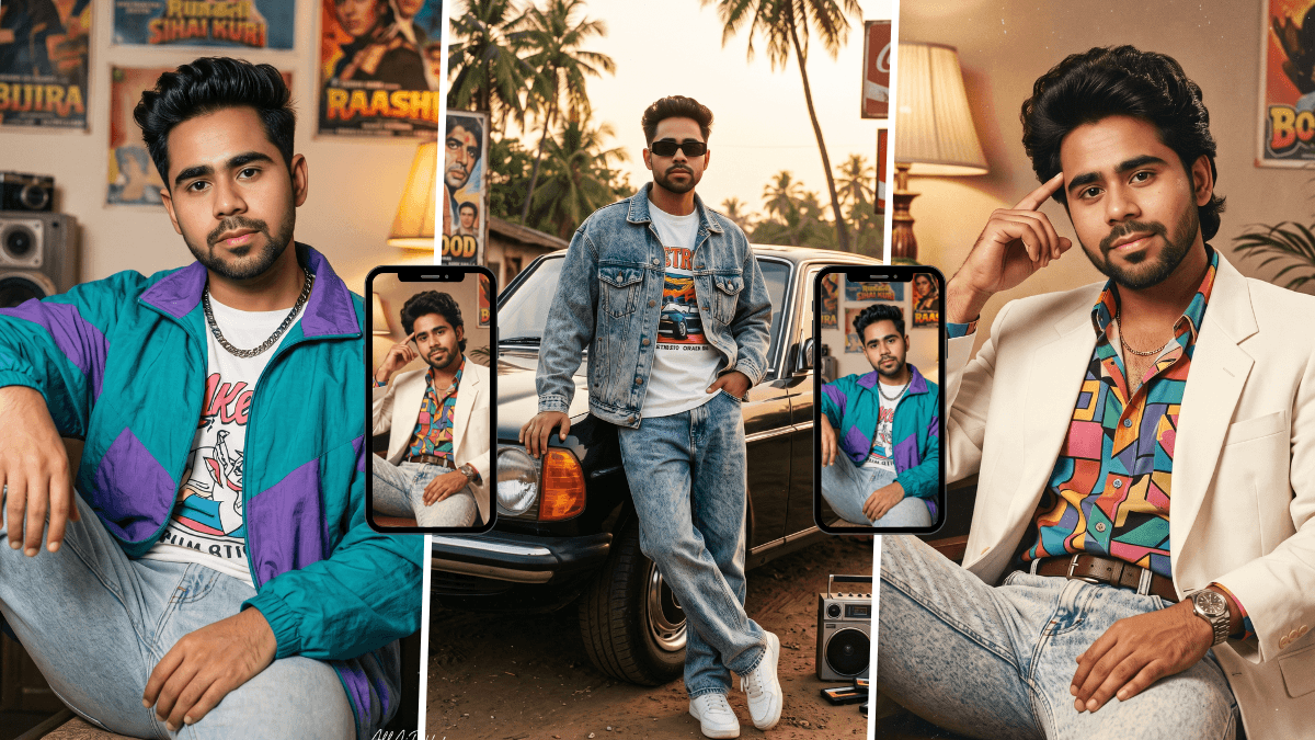 Stylish Indian man in colorful retro 80s fashion posing with a vintage car