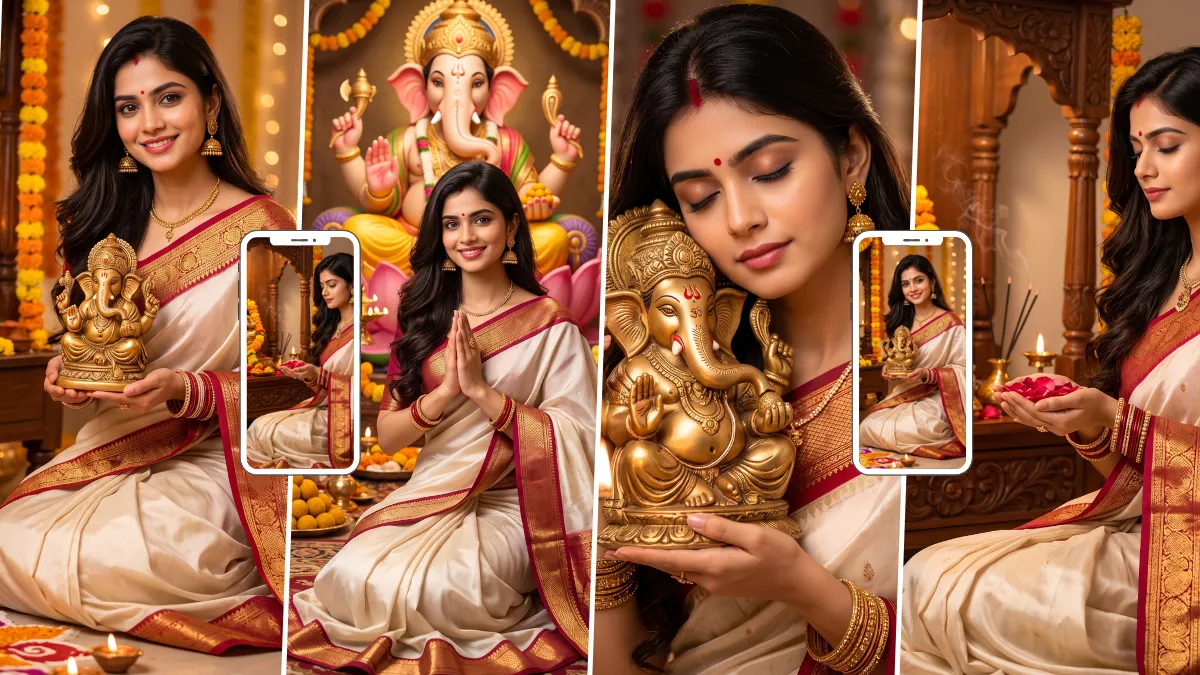 Indian woman in traditional saree holding a Ganpati idol during Ganesh Chaturthi