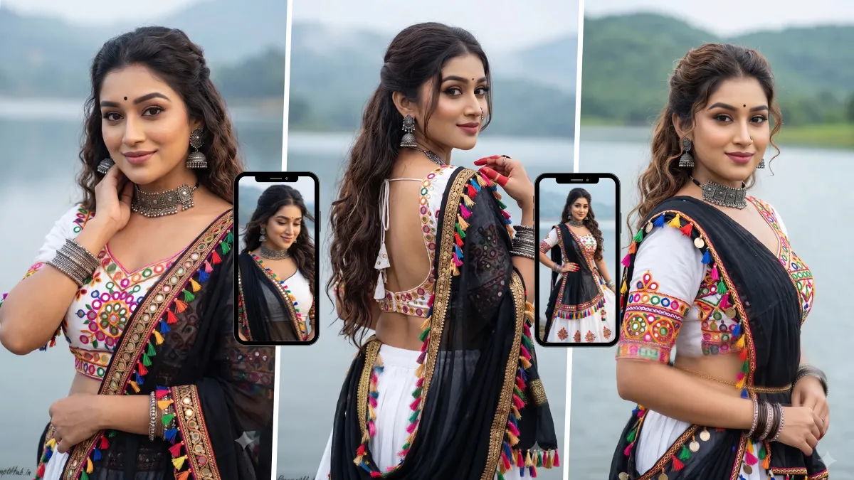 Indian woman wearing a traditional black and white saree with colorful embroidery posing beside a scenic lake
