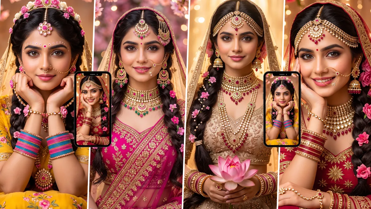 Beautiful Indian bride in a traditional bridal outfit with ornate jewelry and floral decorations in a cinematic wedding portrait