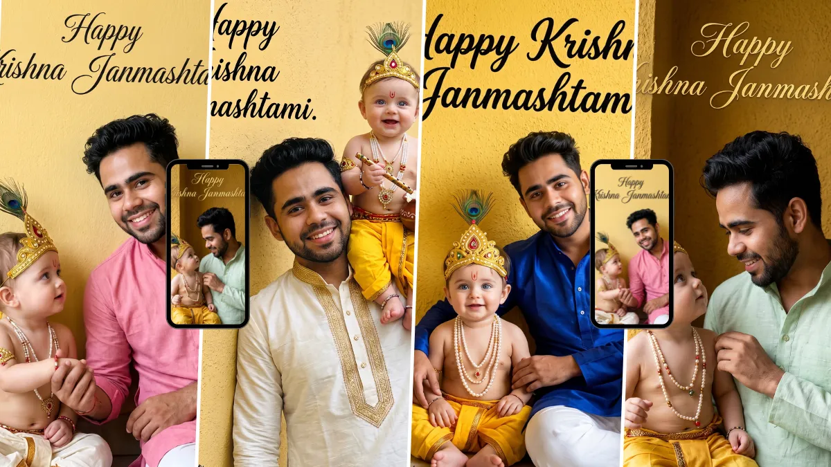 Father with a cute Baby Krishna dressed in traditional yellow clothing and a peacock feather crown during Janmashtami