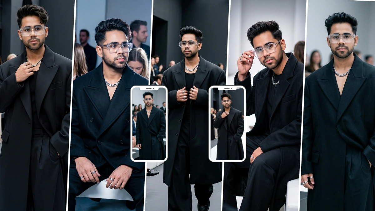 Stylish man wearing a black suit and glasses in a luxury event setting created with an AI image prompt