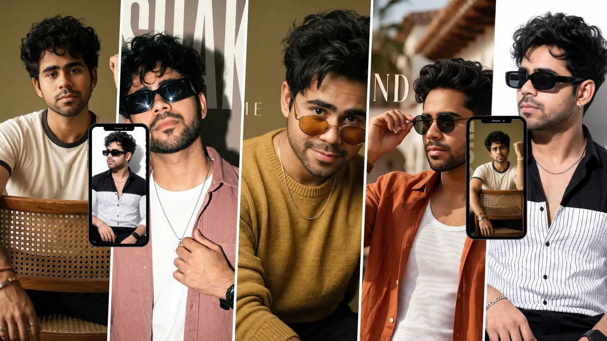 Stylish men wearing modern fashion outfits and sunglasses in AI-generated portraits