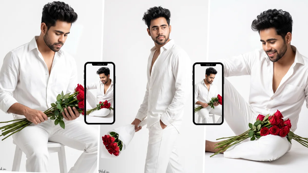 Stylish young man wearing a white outfit and holding a bouquet of red roses in a bright minimalist portrait