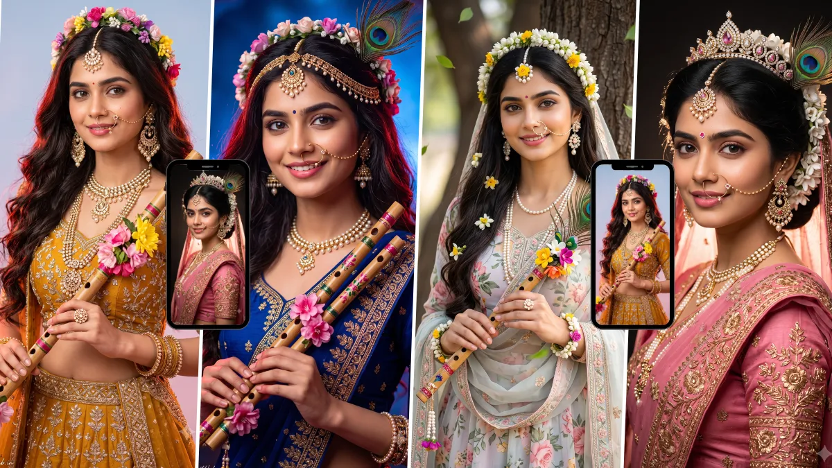 Radha Krishna inspired flute girl AI photo prompt with traditional Indian outfits and peacock feathers