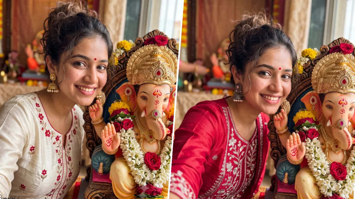 Young Indian woman taking a realistic selfie beside a decorated Lord Ganesha idol during Ganesh Chaturthi