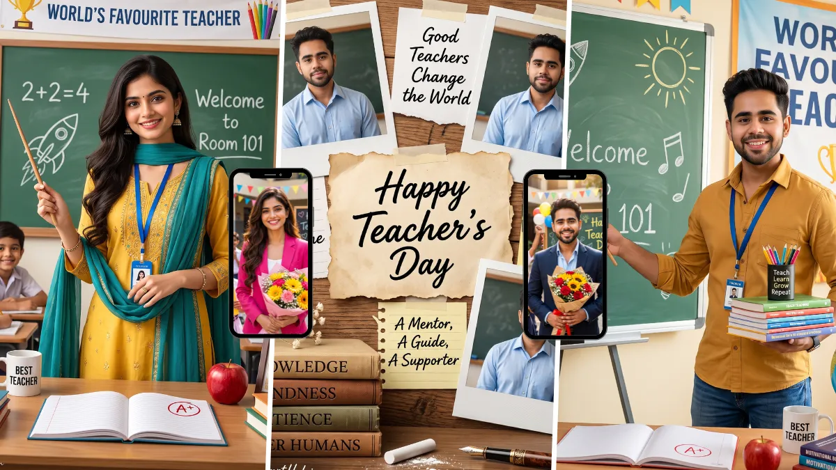 Teacher's Day AI photo prompts featuring teachers and students in a classroom
