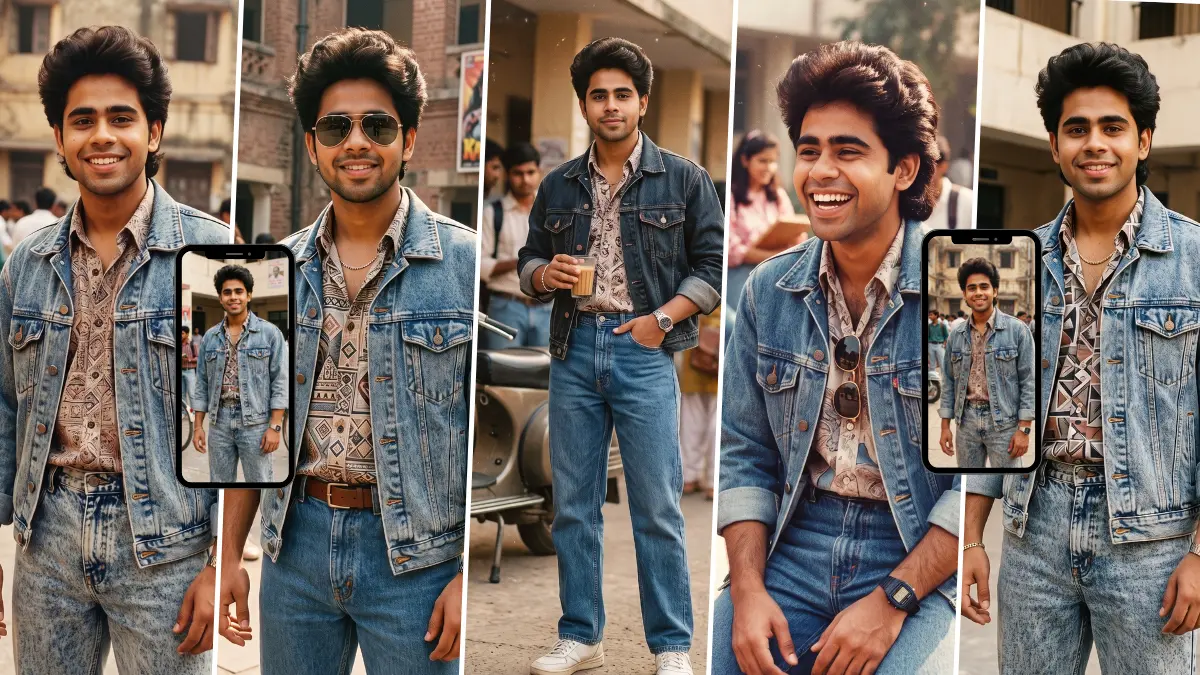 Indian boy in a denim jacket with 90s Bollywood retro styling created with an AI photo prompt