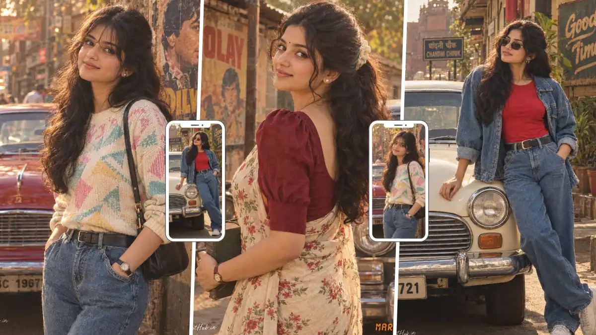 Indian woman in retro 1980s fashion posing beside a classic vintage car