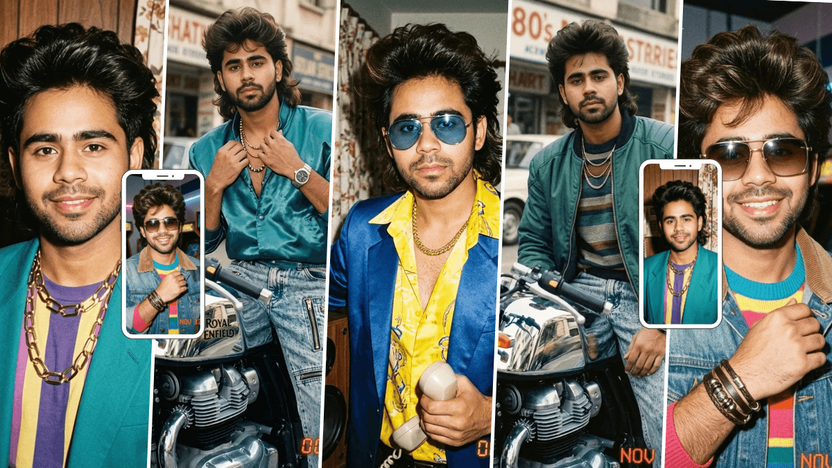 Stylish young man in colorful retro 80s fashion posing beside a classic motorcycle