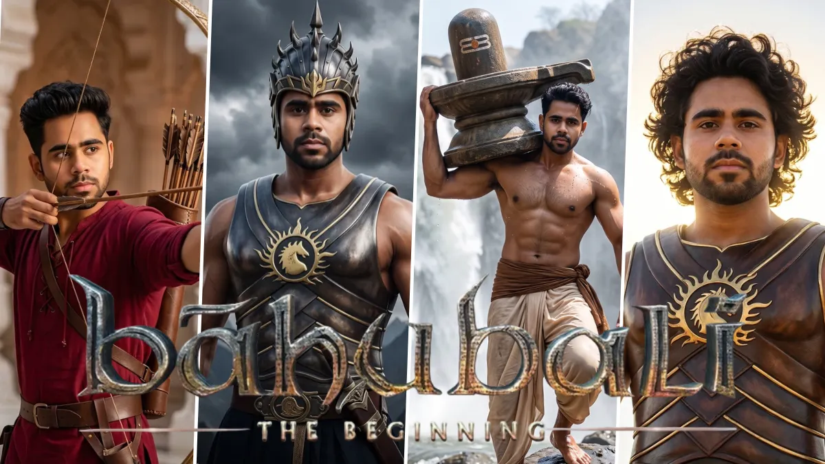 Epic Bahubali-inspired warrior portrait wearing dark armor with a bow in a cinematic setting