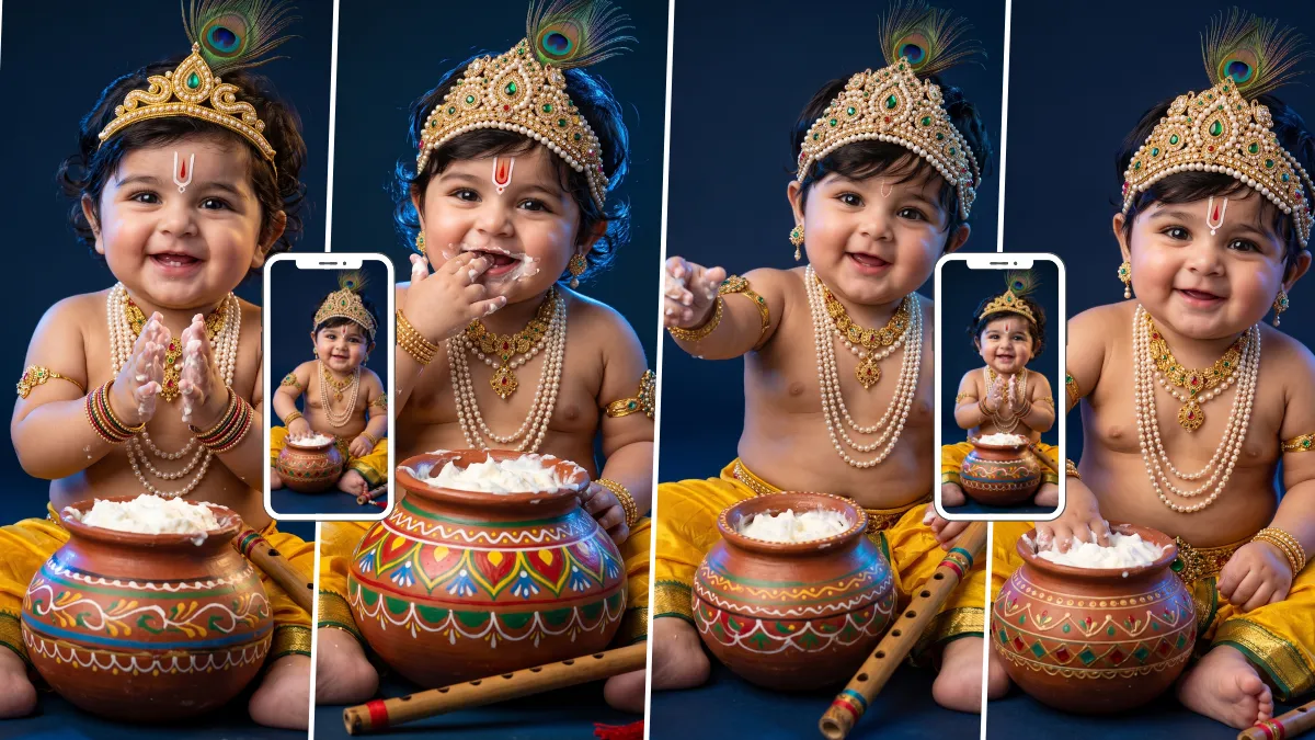 Viral Baby Krishna AI image-generating prompts for Janmashtami featuring cute Little Krishna, Makhan Matki, flute and peacock feather crown
