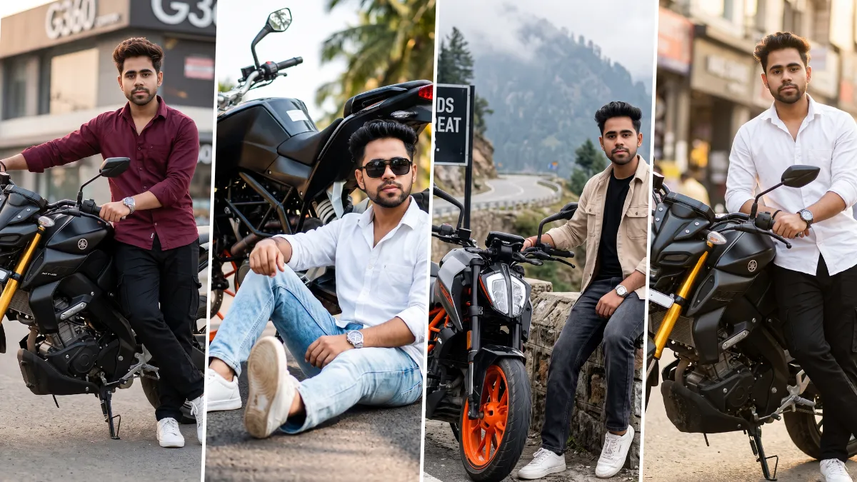 Stylish young Indian man posing with a modern motorcycle in a cinematic outdoor portrait