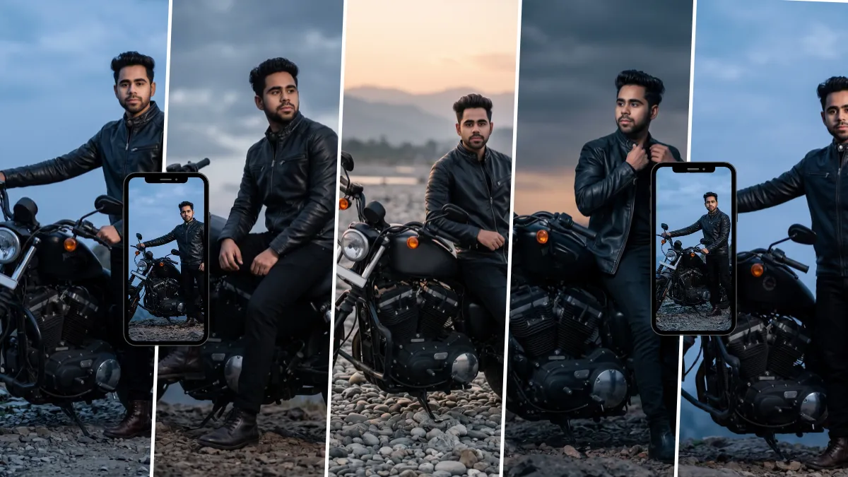 Stylish young man in a black leather jacket posing with a black motorcycle outdoors