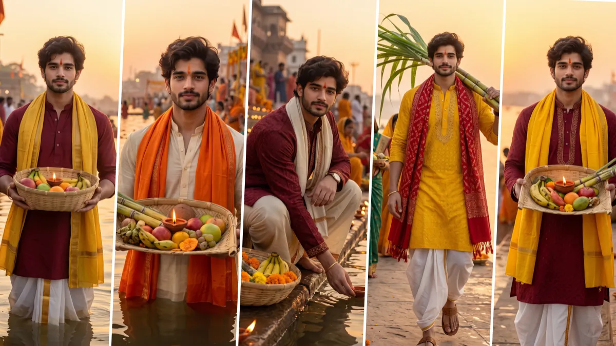 Young Indian man in traditional kurta holding a Chhath Puja offering basket beside a river ghat