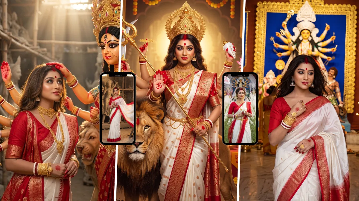 Woman in a red and white Bengali saree posing with Maa Durga during Durga Puja