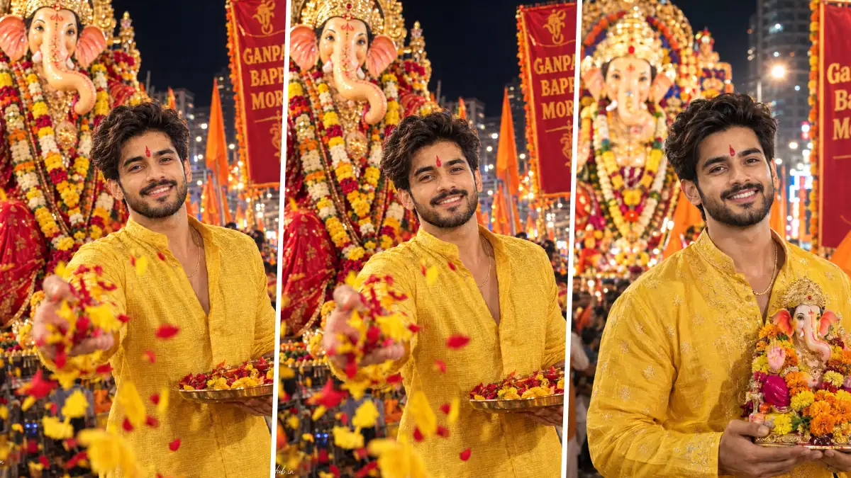 Young Indian man wearing a yellow kurta celebrating Ganesh Chaturthi with Ganpati Bappa