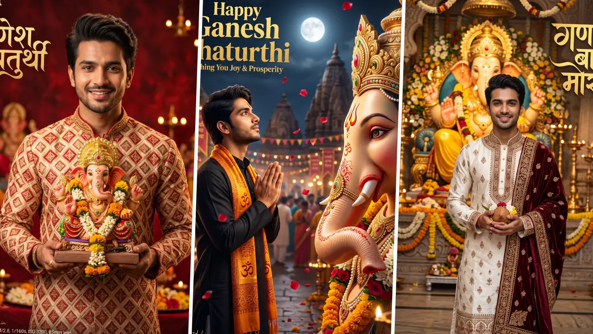 Young man in traditional Indian clothing with Lord Ganesha during Ganesh Chaturthi