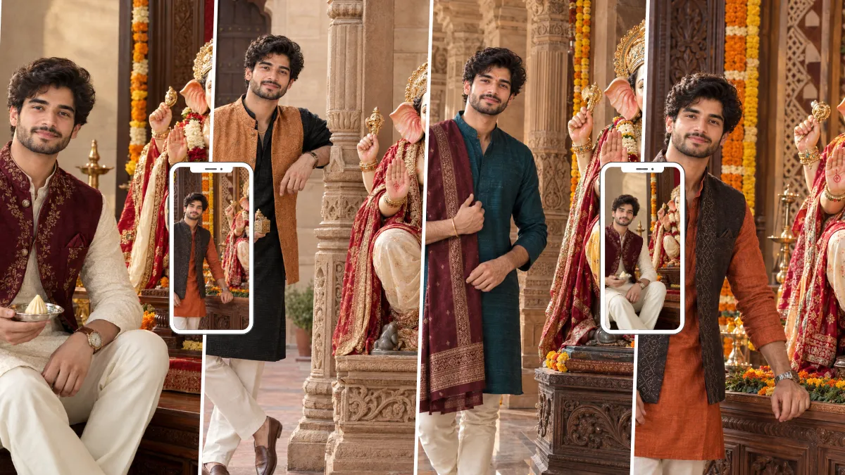 Stylish young man in traditional Indian clothing posing beside Lord Ganesha during Ganesh Chaturthi