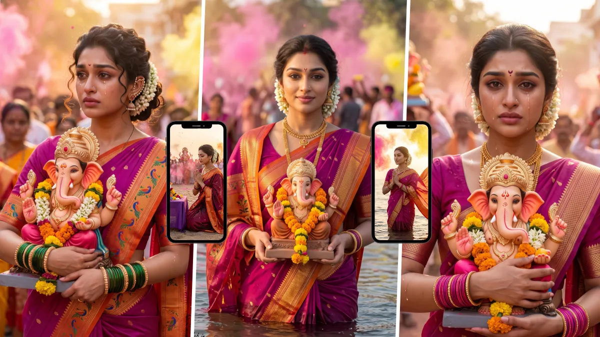 Woman in a traditional saree holding Lord Ganesha during Ganesh Visarjan