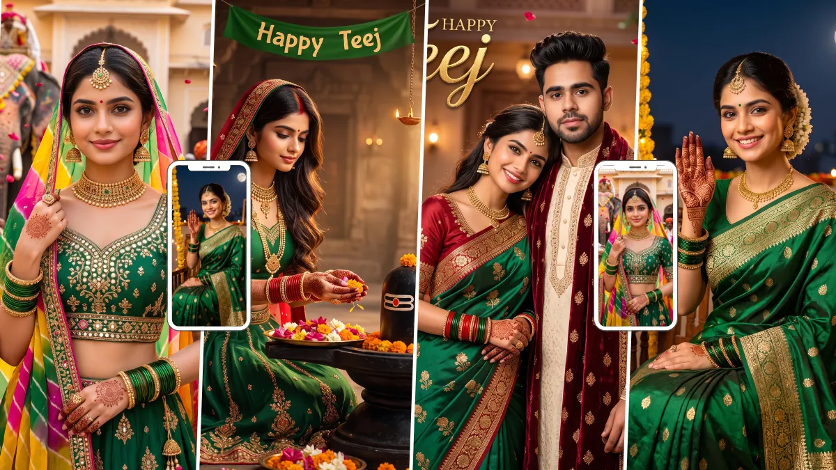 Indian woman in a traditional green saree celebrating Teej with festive puja decorations and a couple portrait