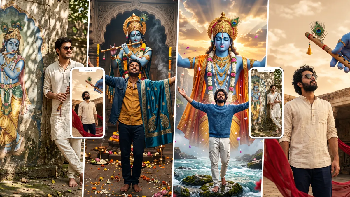 Devotee standing before Lord Krishna in a cinematic spiritual scene with temple artwork and divine devotional atmosphere