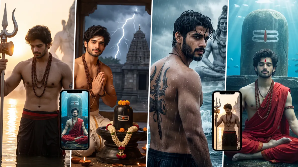 Young man with Rudraksha and Trishul in a cinematic Mahadev devotional AI portrait
