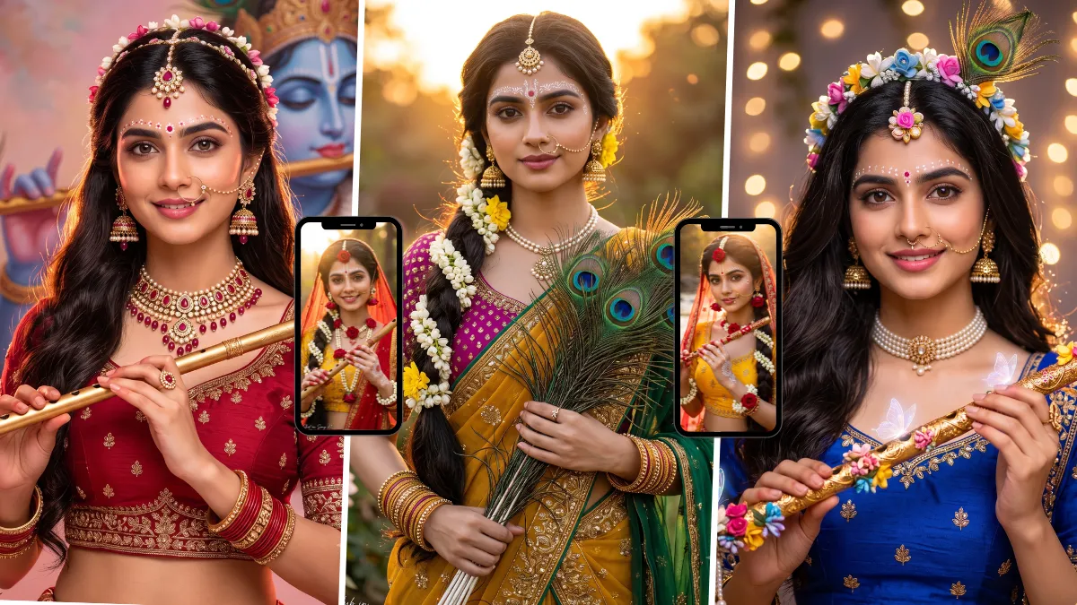 AI-generated Radha Krishna inspired devotional portrait of a woman holding a flute in traditional Indian clothing